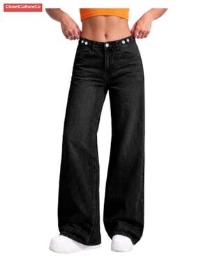 Women's High Rise Wide Leg Baggy Jeans Cinched Waist Stretch Denim Pants 30